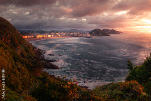 High view from Donostia-San Sebastian with Zurriola beach and Kursaal Auditorium at the Basque Country.	 photo