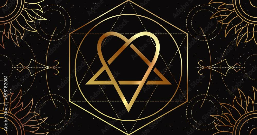 The heartgram is an occult symbol of the union of love and hate. Mystic Sign on a black background with a geometric golden pattern. The magical symbol of wealth. Looping animation. The heartgram is an occult symbol of the union of love and hate. Mystic Sign on a black background with a geometric golden pattern. The magical symbol of wealth. Looping animation.