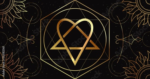 The heartgram is an occult symbol of the union of love and hate. Mystic Sign on a black background with a geometric golden pattern. The magical symbol of wealth. Looping animation. photo