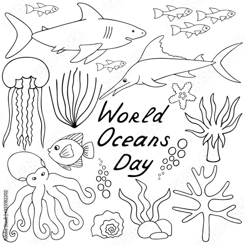 Undersea world. Vector set of illustrations. Outline on a white isolated background. The inhabitants of the ocean. Hand drawing style. Sketch. Sea creatures. Shark, reef, jellyfish. Coloring book.