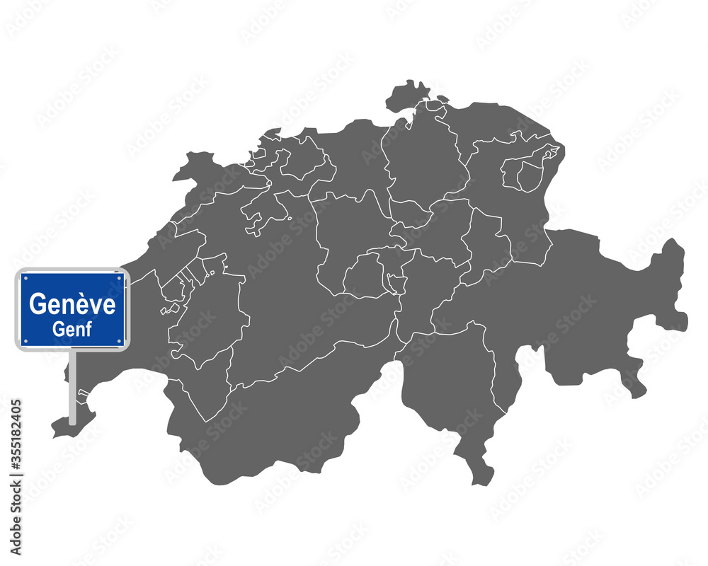 Landkarte der Schweiz mit Ortsschild von Genève