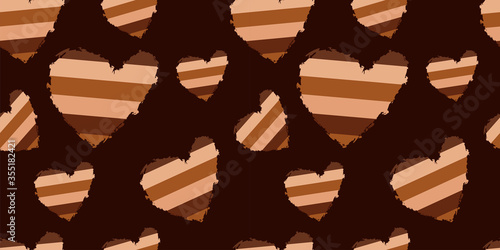 seamless pattern with abstract hearts of black lives matter on a dark brown background. skin of different colors