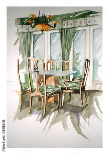 Watercolor sketch of the interior with beautiful wooden chairs and a glass table, beautiful textiles. Trace