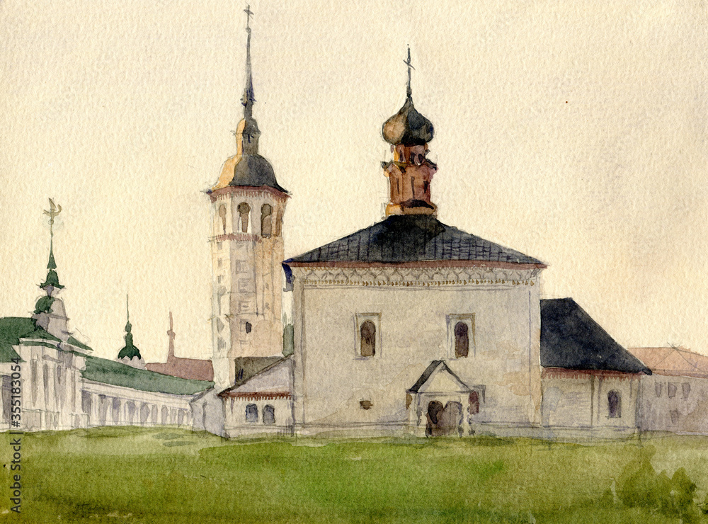 Watercolor landscape with old  church. Hand drawn stock illustration with idyllic bilding.