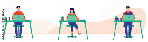 Social Distancing And Coronavirus Prevention. Employees Are Working Together AT The Office. COVID-19 Coronavirus Outbreak Prevention Concept. Vector Flat Cartoon Illustration.