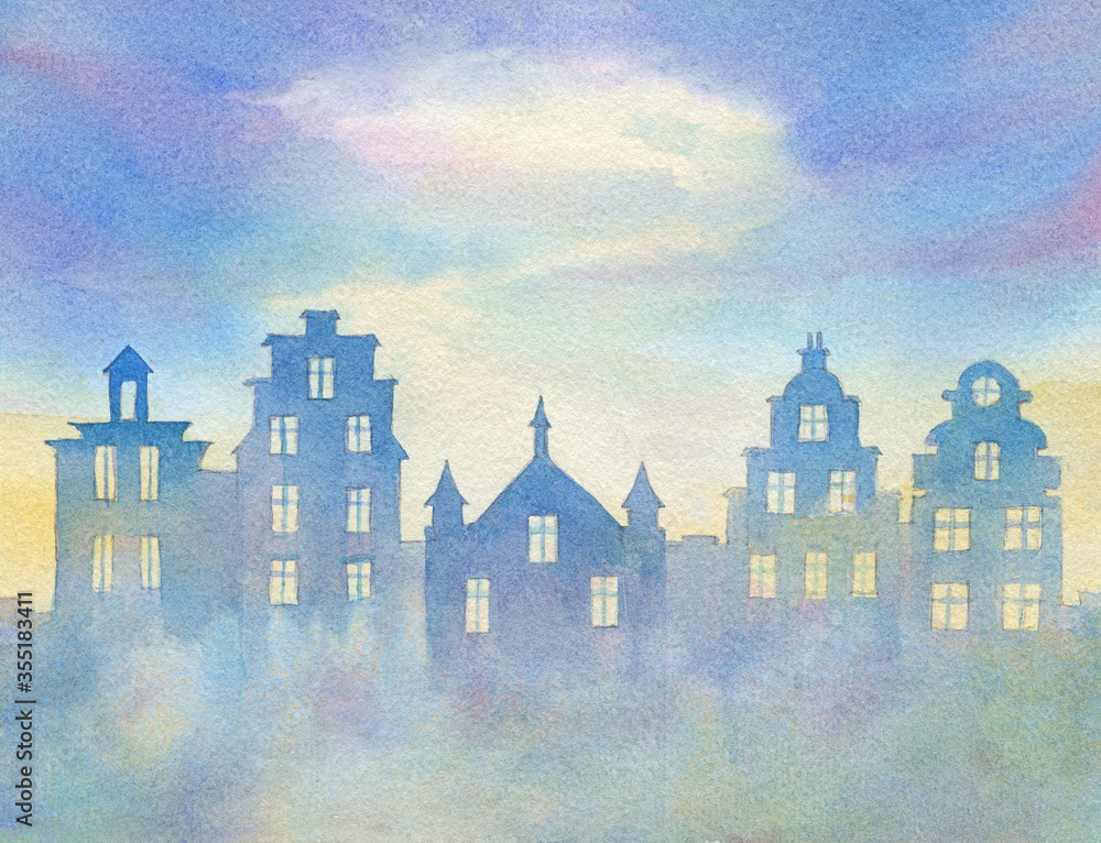 watercolor illustration on european urban theme with houses in fog