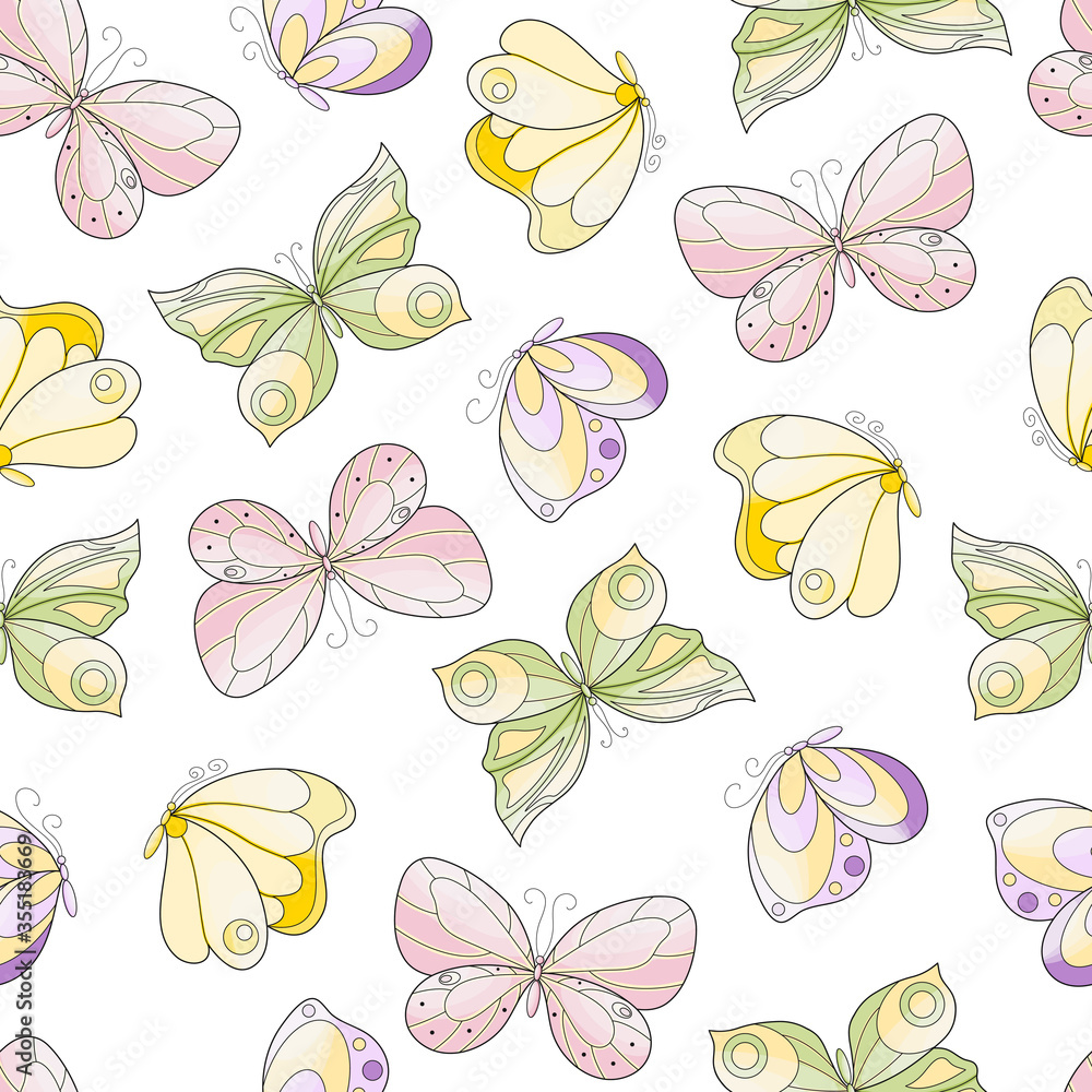Seamless vector pattern with various cute hand drawn butterflies isolated on white background. Funny background for package, wrapping paper, banner, print, card, gift, fabric, advertising, card, web. Seamless vector pattern with various cute hand drawn butterflies isolated on white background. Funny background for package, wrapping paper, banner, print, card, gift, fabric, advertising, card, web.
