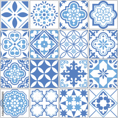 Portuguese Azulejo tile seamless vector pattern  Lisbon blue old tiles mosaic  Mediterranean repetitive textile design 