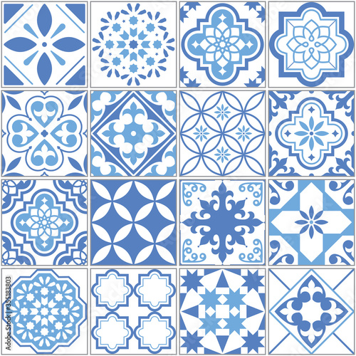 Portuguese Azulejo tile seamless vector pattern, Lisbon blue old tiles mosaic, Mediterranean repetitive textile design
