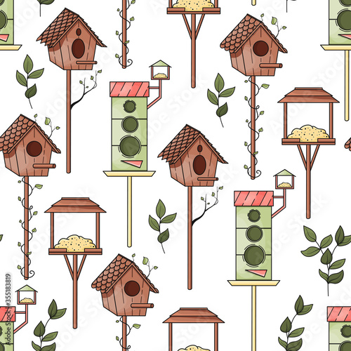 Cute hand drawn vector birdhouses and feeder collection isolated on white background. Graphic elements for package, wrapping paper, banner, print, card, gift, fabric, label, advertising, card, fabric.