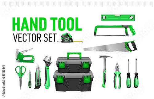 hand tool vector set for advertising diy repair green banner. Tool box, scissors, tape measure, saw, stapler, adjustable wrench, pliers, stationery knife, hammer
