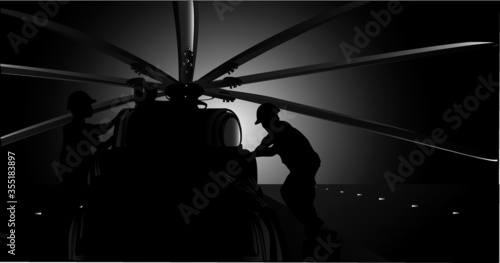 Aircraft mechanic, black and white, Male pilot checks the tail of airplane before the flight. Mechanic checking airplane before take off. vector,art
