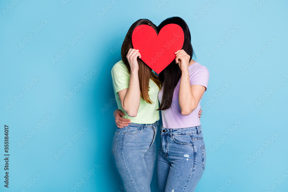 Photo of two lesbians couple young ladies romance date holding big red  paper heart cover faces hide kissing celebrate anniversary wear casual  t-shirts jeans isolated blue color background Stock Photo | Adobe