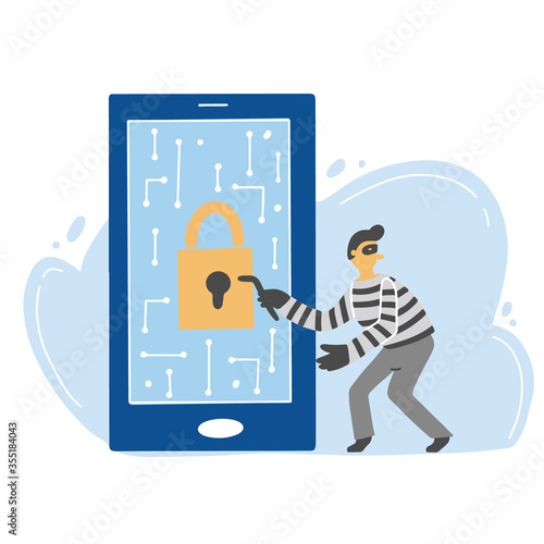 Scammer attack, email phishing, cyber hacker, online fraud, security concept design for web, banner, social media. Cartoon character of scammer. Flat design vector illustration.