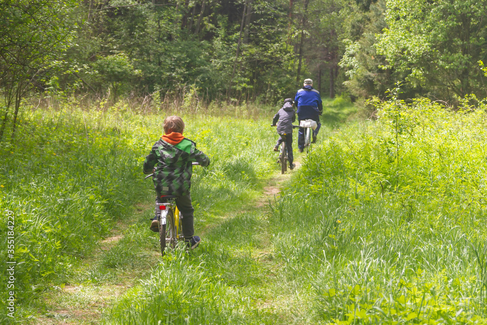 Grandfather and grandson go on a bike ride in the forest in spring or summer.