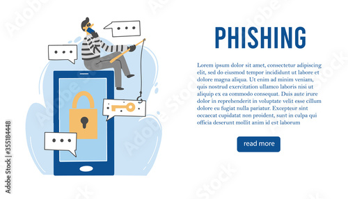 Scammer attack, email phishing, cyber hacker, online fraud, security concept design for web, banner, social media. Cartoon character of scammer. Flat design vector illustration.