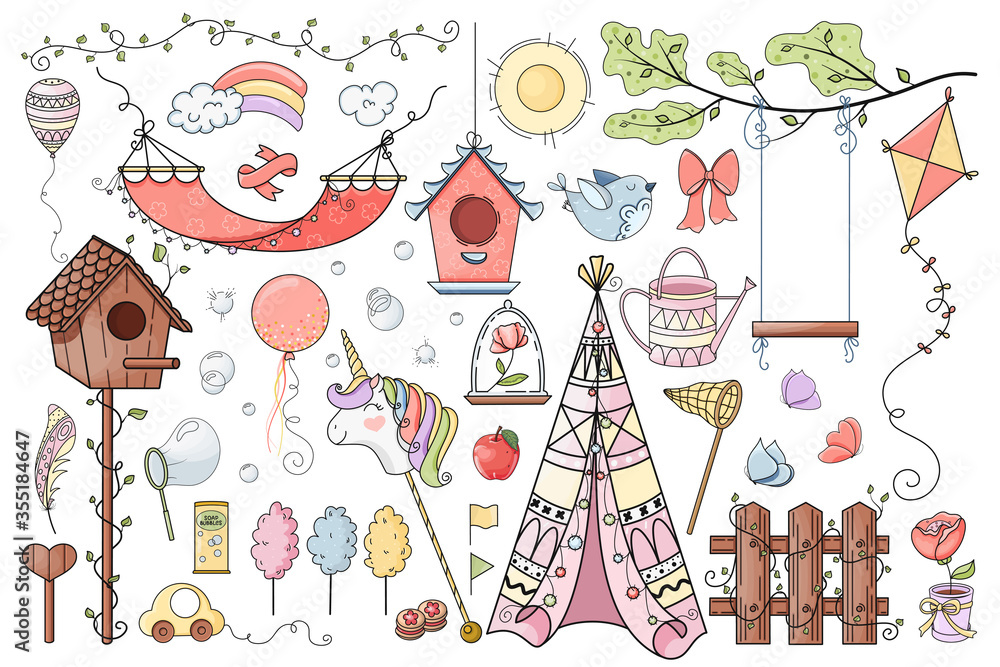 Large collection of vector hand drawn summer theme illustrations. Cute cartoon set of summertime elements which bring joy and happiness. For card, background, print, poster, advertising, fabric.