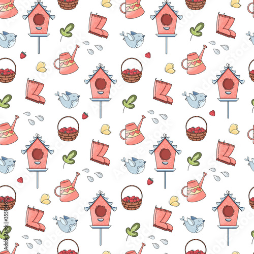 Seamless vector pattern with cute hand drawn birdhouse, watering can, bird, rain boots, basket with strawberries, butterfly and more. Funny summer background for print, poster, wrapping paper, fabric.