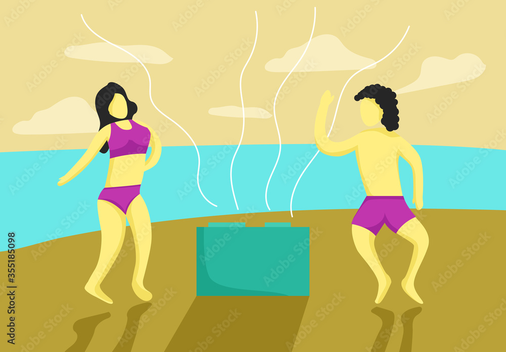 Couple holiday summer beach in live music , love relationship dating in the beach , coast vector illustration flat design template business Couple holiday summer beach in live music , love relationship dating in the beach , coast vector illustration flat design template business