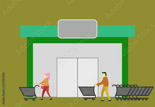 vector illustration - two character on sale market , business payment offline store , building open offline quarantine sale retail product grocery