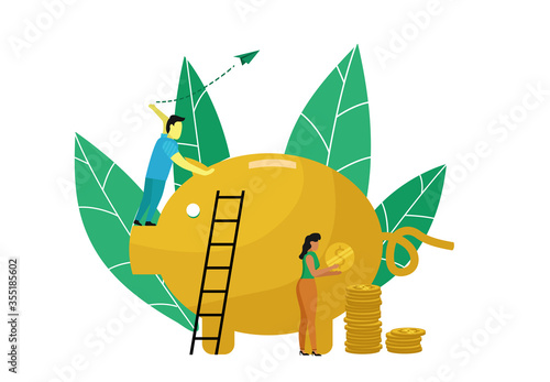 Vector illustration , a piggy bank coin teamwork white background,  finance service small bankers are engaged in work. saving coin invest money arrow gold colorful