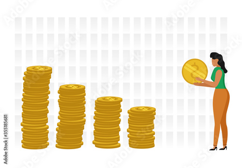 Vector flat illustration, a young woman bank coin teamwork white background,   finance service small bankers are engaged in  work. saving coin investing money arrow gold