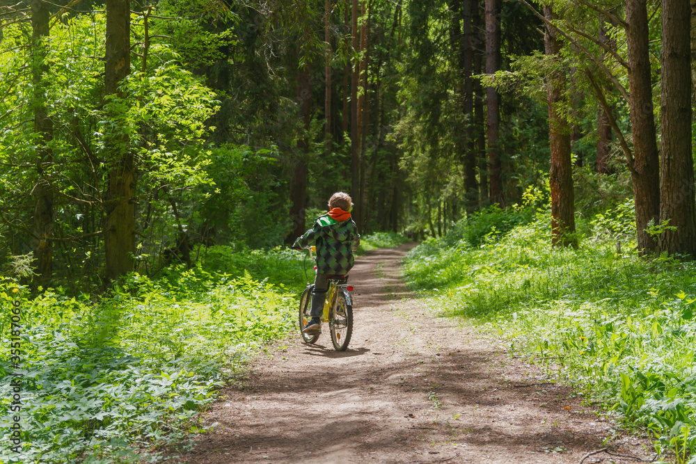 A blond European boy rides a Bicycle in the woods in spring or summer. The child went on a bike ride. A blond European boy rides a Bicycle in the woods in spring or summer. The child went on a bike ride.