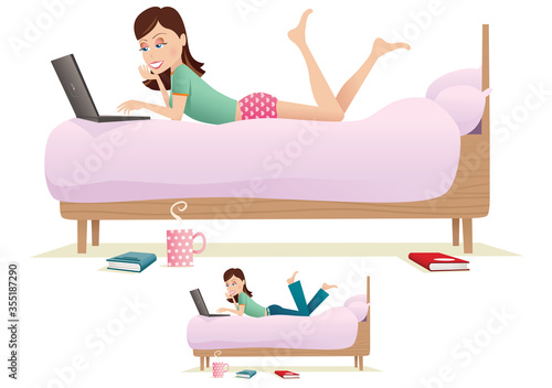 Woman using computer on bed