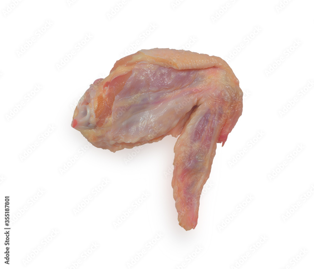 Raw fresh chicken wings are the raw material for cooking on a white background 