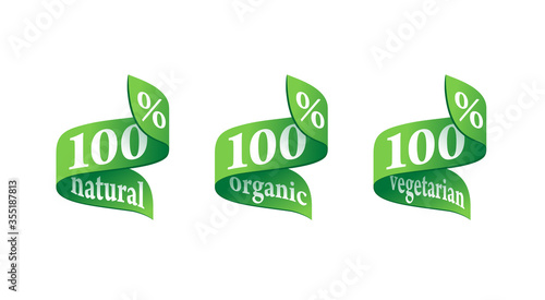 100 percants natural, 100 organic, 100 vegan - mark for healthy food, vegetarian nutrition - vector sticker set