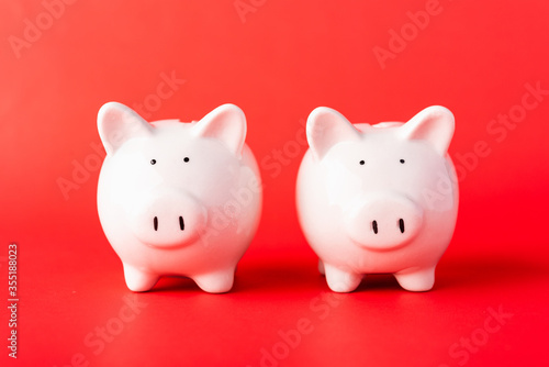 International Friendship Day  Front two small white fat piggy bank  studio shot isolated on red background and copy space for use  Finance  deposit saving money concept