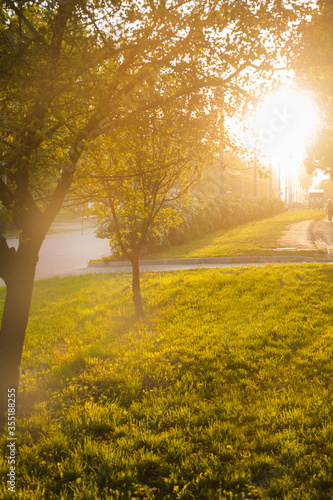Sunset city bokeh. Spring evening background. Warm light.
