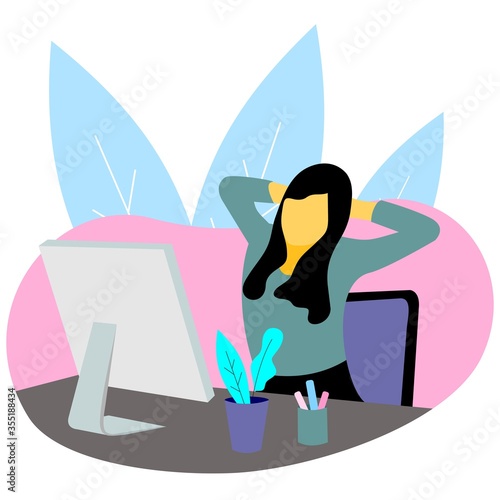 Vector illustration of a woman working on a laptop, doing business, listening to music, watching videos, and more. Flat illustrations of activities eliminate boredom using a laptop.