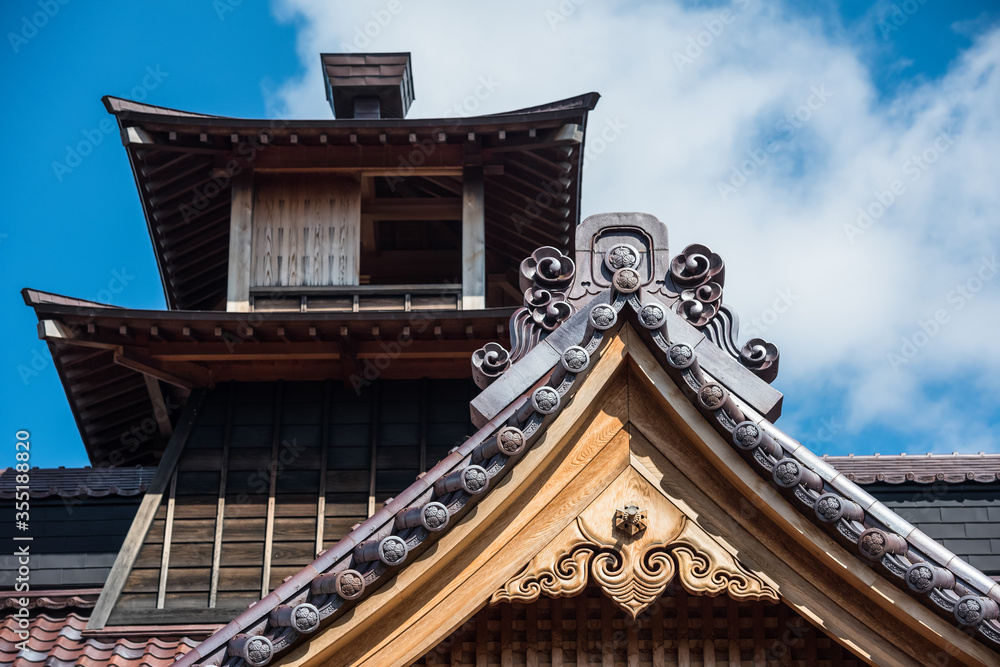 Tower and roof detail of Hakodate Bugyosho Magistrate's Office in the grounds of Goryokaku Fort and Public Park, Hakodate, Hokkaido, Japan Tower and roof detail of Hakodate Bugyosho Magistrate's Office in the grounds of Goryokaku Fort and Public Park, Hakodate, Hokkaido, Japan