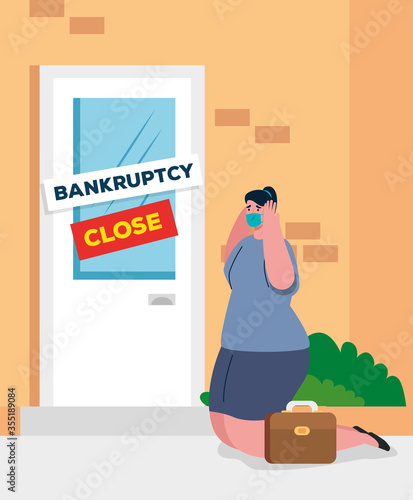 coronavirus crash, covid 19 economy collapse, sad business woman in company facade closed , bankruptcy concept