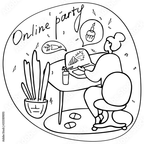 Online party, birthday, virtual meeting friends. Girl sitting in front of laptop with cocktail. Video chat. Vector hand drawn illustration