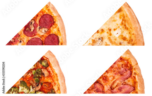 Four kinds of tasty pizza, set or collage of pizza slices isolated on white background. Salami pizza, Quattro formaggi, with vegetables and with bacon