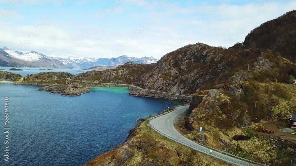 Aerial summer sea panorama view of norway mountains, lofoten, vacation concept Aerial summer sea panorama view of norway mountains, lofoten, vacation concept