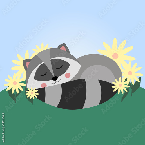 Cute sleeping raccoon in flowers. North American raccoon, native mammal. Cartoon animal design. Flat vector illustration isolated on yellow background. Forest inhabitant. Wild animal with grey fur.