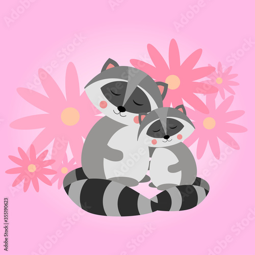 Cute raccoon. Mother and kid. North American raccoon, native mammal. Cartoon animal design. Flat vector illustration isolated on yellow background. Forest inhabitant. Wild animal with grey fur.