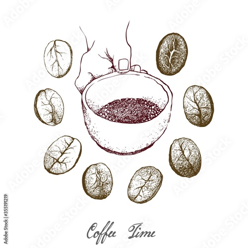 Coffee Time, Illustration Hand Drawn Sketch of Hand Holding A Cup of Coffee with Assorted Roasted Coffee Beans Isolated on White Background.