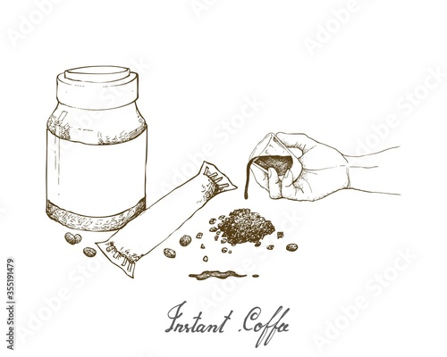 Illustration Hand Drawn Sketch of Hand Holding Shot Glass with Instant Coffee or Coffee Powder Isolated on White Background.