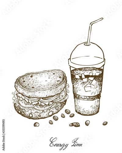 Energy Time, Illustration Hand Drawn Sketch of Delicious Homemade Freshly Healthy Whole Grain Bread Sandwich with Iced Coffee Isolated on White Background.