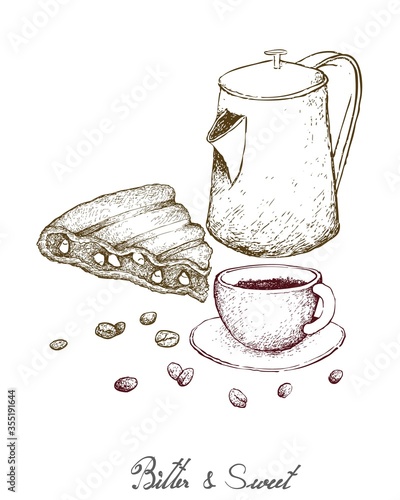 Bitter & Sweet, Illustration Hand Drawn Sketch of Coffee Cup with Vintage Metal Pot and Grilled Rajma Corn Sandwich Isolated on White Background.
