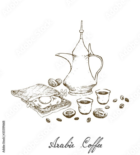 Turkish Cuisine, Hot Coffee with Dallah or Arabic Coffee with Toasted Sandwich. Used for Centuries to Brew and Serve Qahwa or Gahwa.