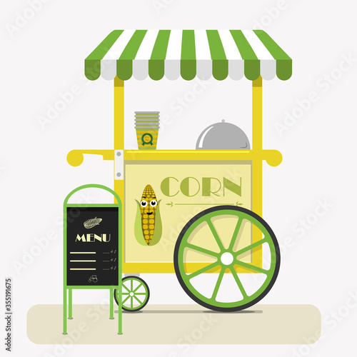 Street food cart with sweet corn. Flat vector illustration of a cute cart selling corn in cups at fairs, street, Park, festival. Advertising stand with the kiosk s menu and price list. Happy corn logo