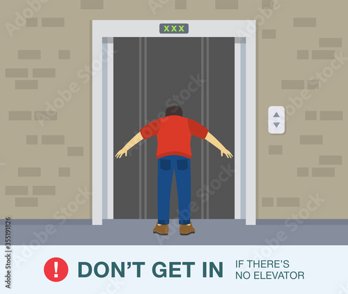 Young man is about to fall into the lift shaft. Standing in front of the broken elevator doors. Lift is out of service. Flat vector illustration.