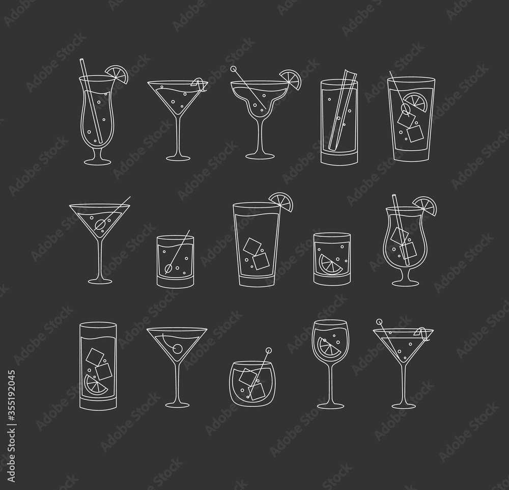 Alcohol drinks and cocktails icon flat set dark