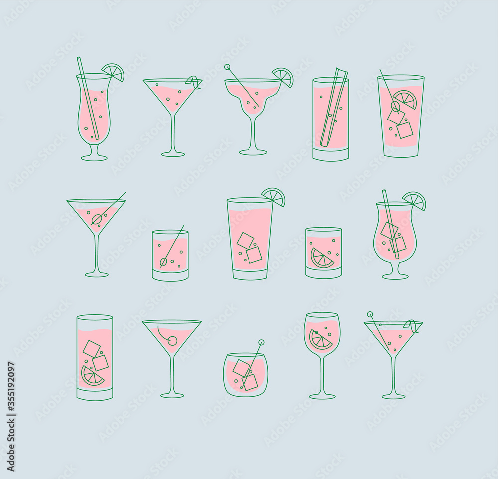 Alcohol drinks and cocktails icon flat set blue