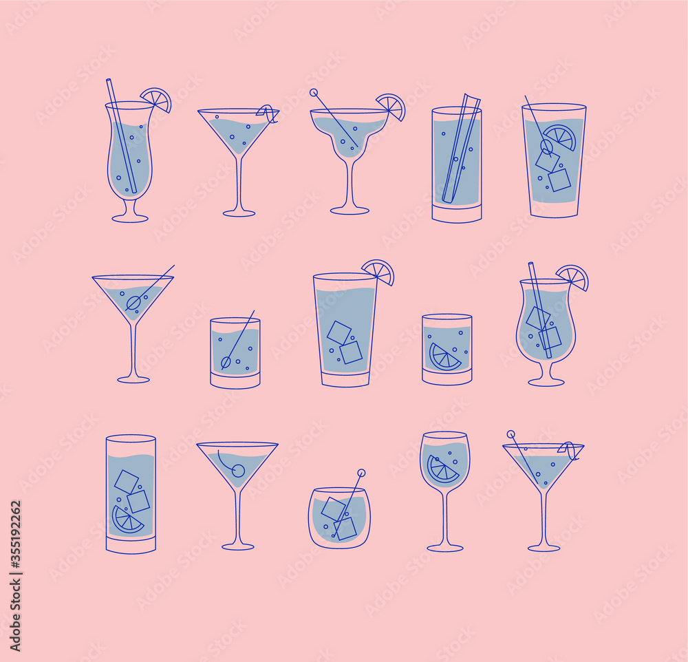 Alcohol drinks and cocktails icon flat set pink